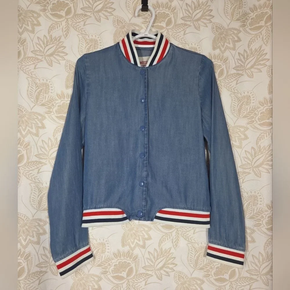 MOSSIMO SUPPLY CO Womens Chambray Denim Bomber Jacket XS Snap Button Pockets EUC